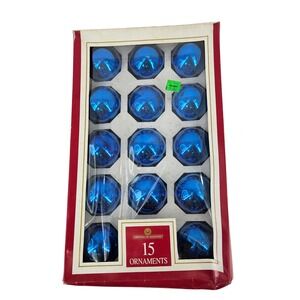 Vintage NOS 15  Blue Glass Bauble Ornaments Made in USA original box Christmas